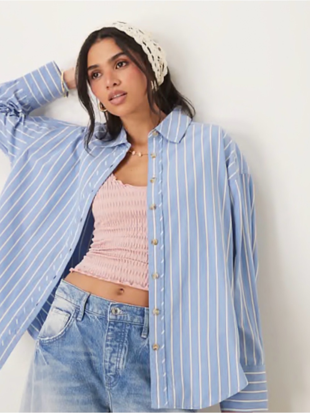 Free People We The Free Varsity Vibes Blue Button-Front Shirt - Picture 9 of 9